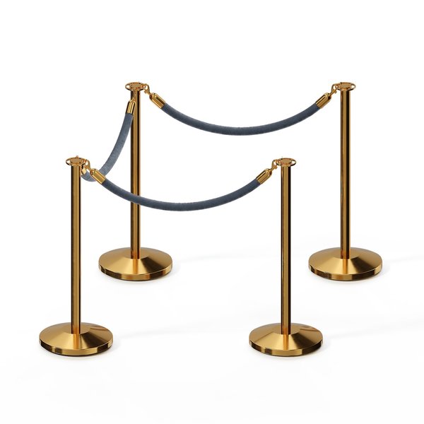 Montour Line Stanchion Post and Rope Kit Pol.Brass, 4 Flat Top 3 Gray Rope C-Kit-4-PB-FL-3-PVR-GY-PB